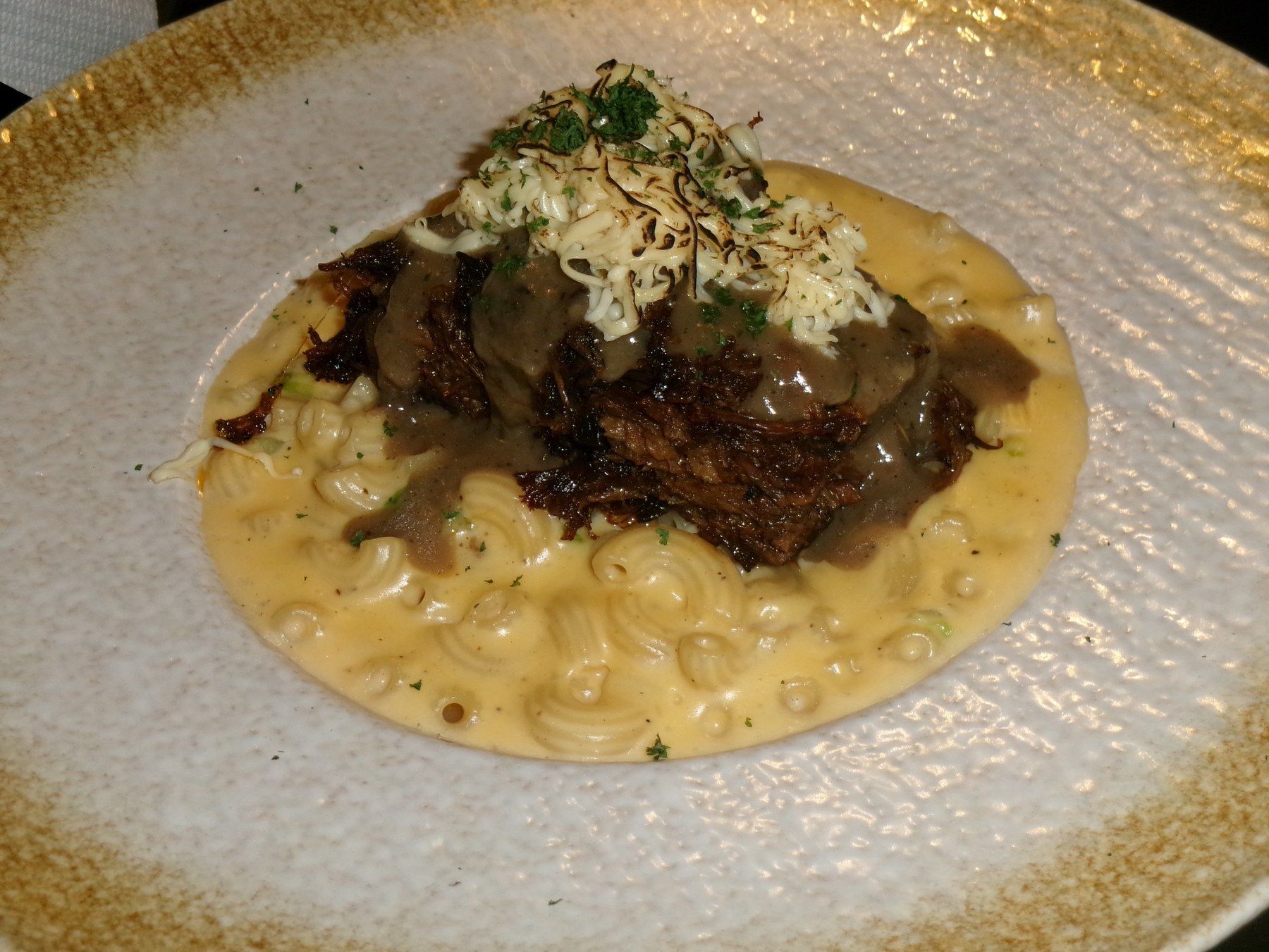 Braised short rib on mac and cheese