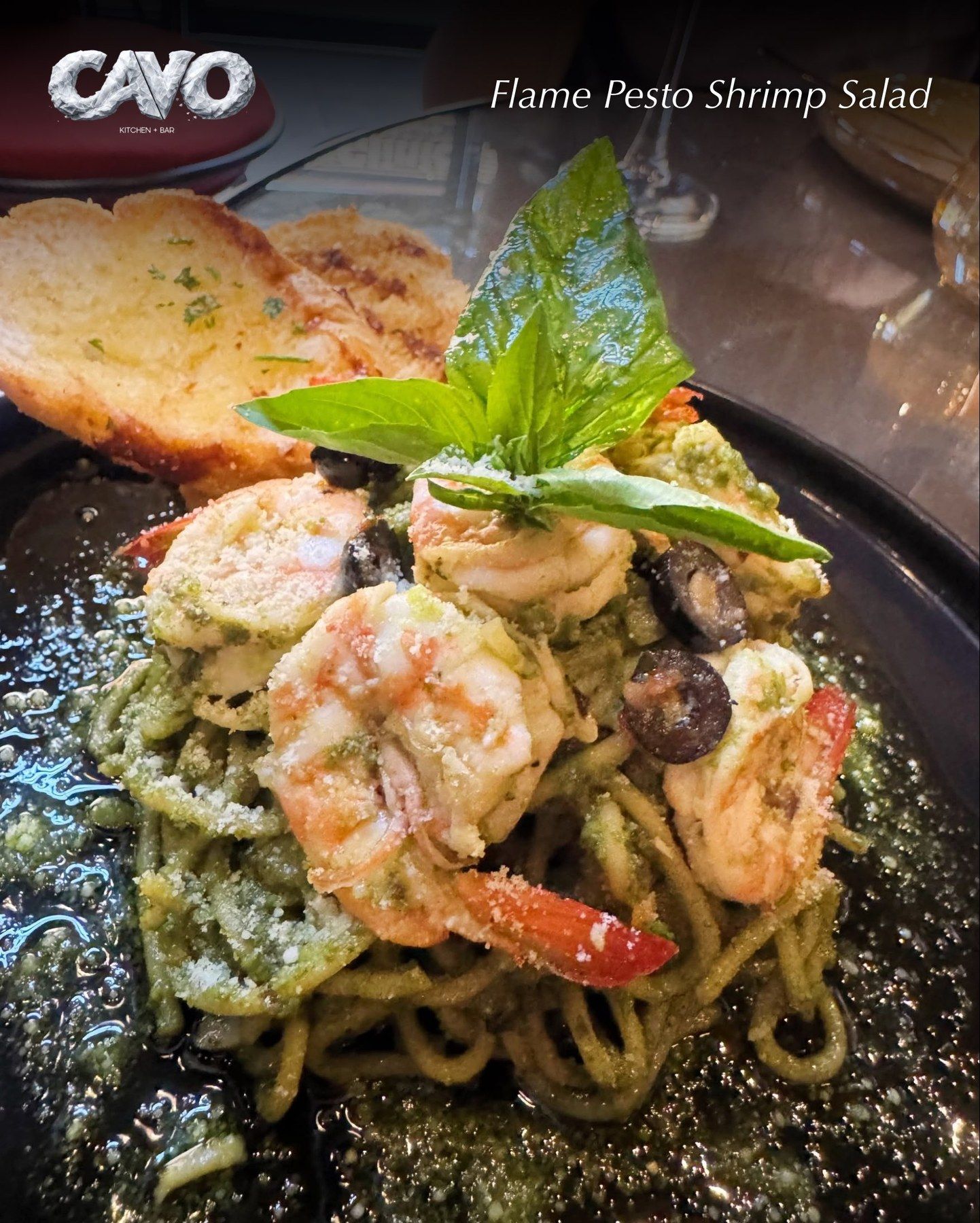 Cavo's card for a flame pesto shrimp dish