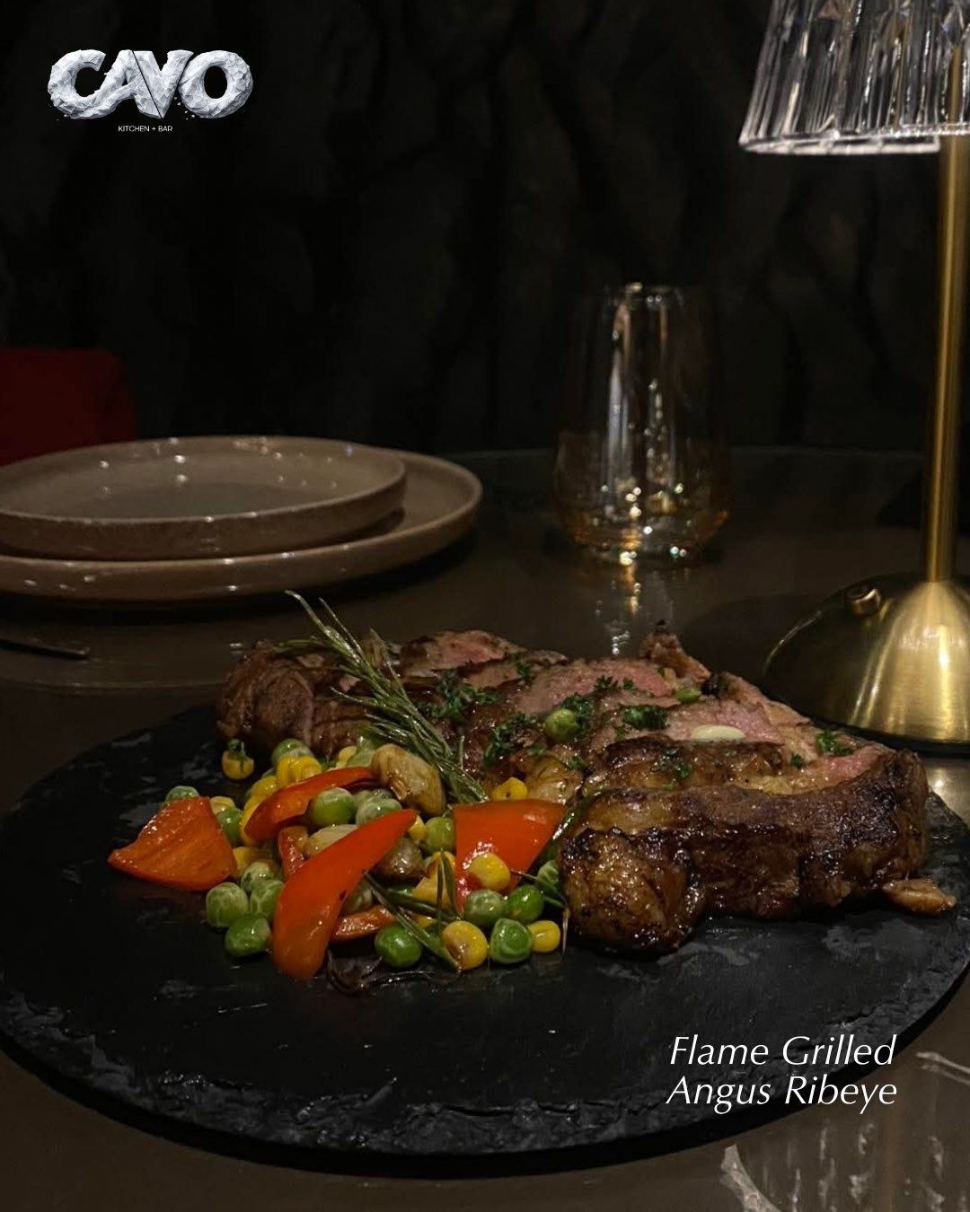 Cavo's card for the Flame Grilled Angus Ribeye